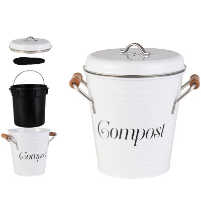 A LA CUISINE - Bac à compost en métal blanc avec poignée en bois