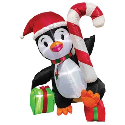 Pingouin gonflable éclairé par des LED avec des cadeaux et une canne à sucre