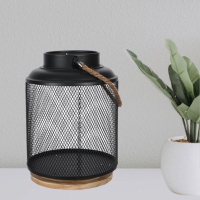 Lantern Wire Cage Black With wood Base 20x20x28