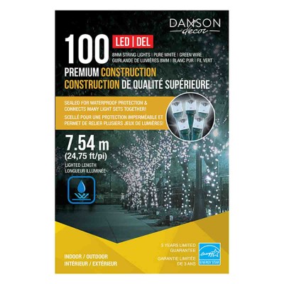 100 lumières LED 8Mm, intérieur/extérieur, fil vert, étanche, blanc pur