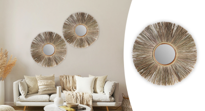 Miroir rond en raphia de paille 