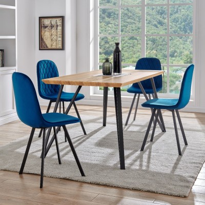 5pc Dining Set W/ Wood Table And 4 Blue Fabric Chairs 