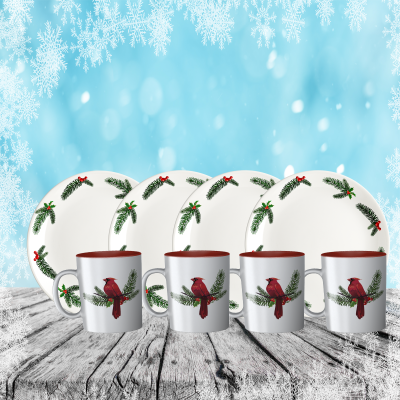 Tea Time 8Pc Set Cardinal On Pine Leaves Blanc/Rouge
