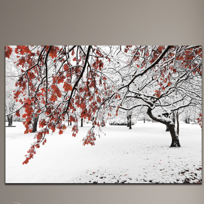 Toile imprimée 70 x 100 cm | Arbre d'hiver avec des feuilles rouges