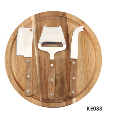 Planche à découper ronde en bois d'acacia avec couteaux à fromage 4 pièces