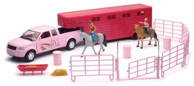 Camion rose et remorque avec chevaux 