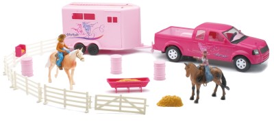 Valley Ranch - Ens. camion rose et remorque pour chevaux avec barils