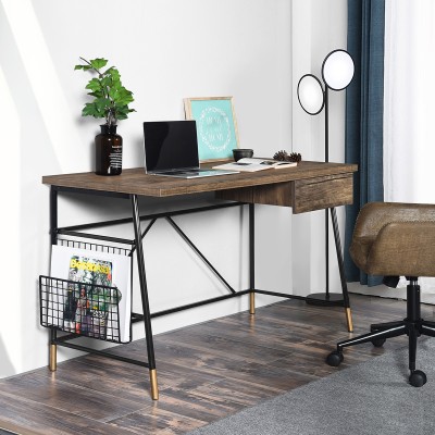 Darien | Bureau d'ordinateur avec dessus en bois et cadre en métal