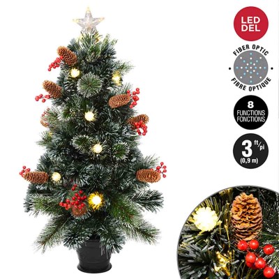 Arbre en pot de 90 cm avec fibre optique, couronne étoilée et pomme de pin