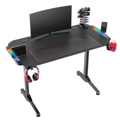 Bureau de table de jeu avec lumière RVB musicale, grand tapis de souris, porte-gobelet, crochet pour casque, 4 ports USB, support de manette de jeu et pieds en forme de T