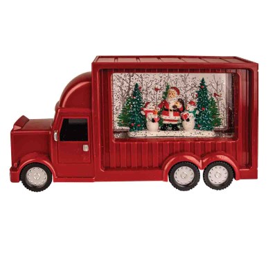 Boule à eau Camion lumineux avec scène de Père Noël en hiver 32x17cm rouge