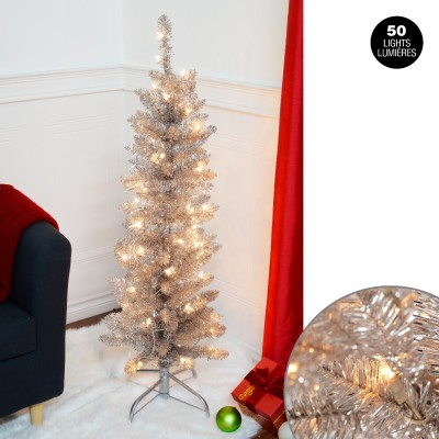 Prelit Rose Gold Tinsel Slim Tree 122cm 50l Rose